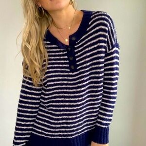 American Eagle White and Navy Striped Henley Sweater Coastal Nautical Size Large
